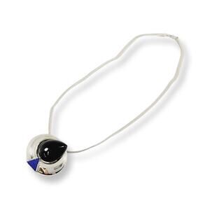 Vintage Necklace Silver Chain with Onyx and Lapis Lazuli Pendant wisdom strength
